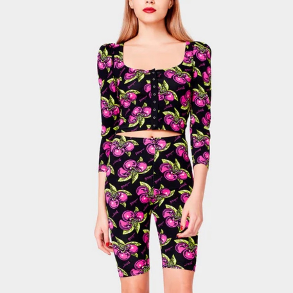 Betsey Johnson High Waisted Cherry Print Bike Shorts Retro Classic Betsey Size L